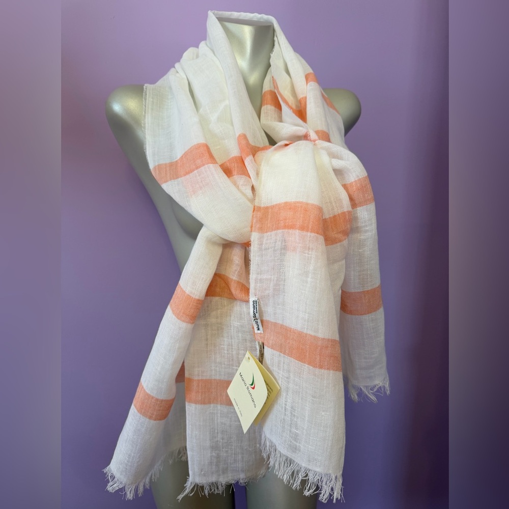 Mario Romano 100 % Linen Peach Striped Scarf  New